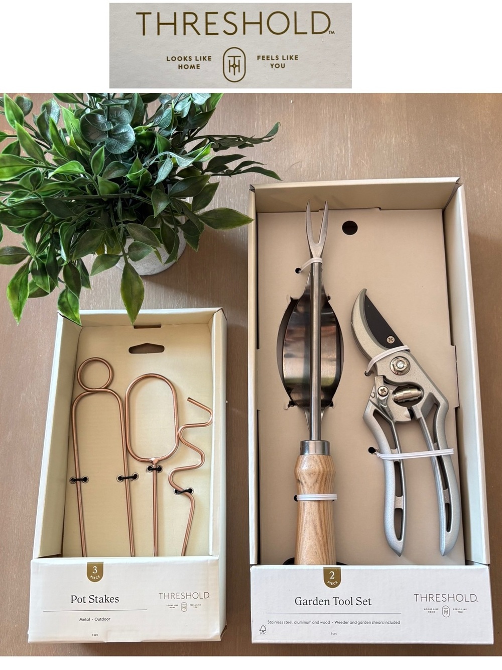 Threshold Silver Garden Shears, Copper Pot Stakes & Wooden-Handled Weeder NWT